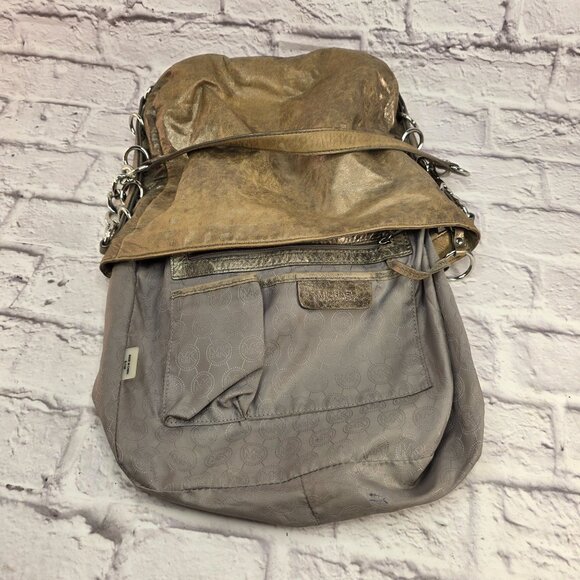 Michael Kors Designer Shoulder Bag Metallic Taupe Leather w/ Chain Accent - Picture 9 of 14